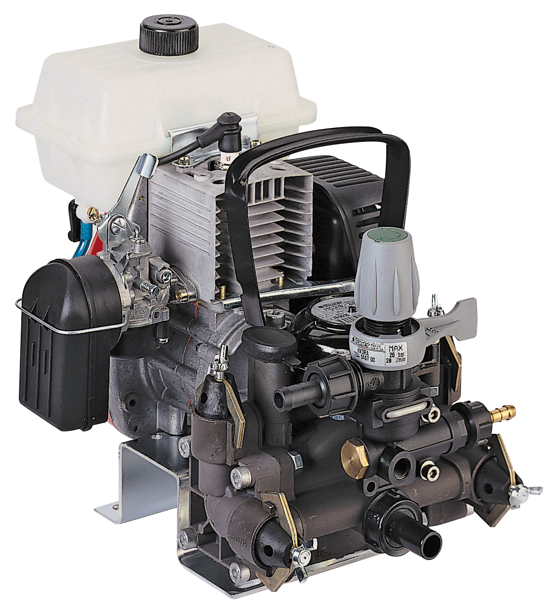 The construction of the rugged ZUWA double piston diaphragm pumps provides a constant and pulsation free transport of fluids. The pumps work in a medium pressure range and offer excellent intake capacity. These pumps are used for the conveyance of herbicides, pesticides or aggressive substances, also with small solids or fluids containing gases. With 2-stroke motor.